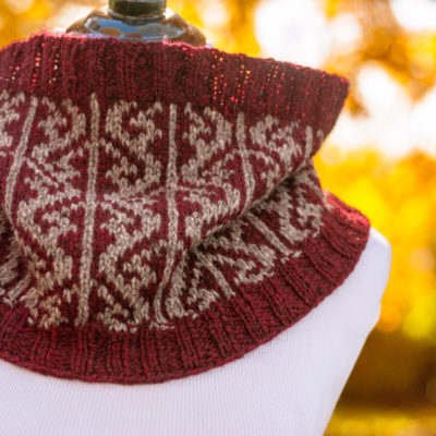 a red and taupe cowl with stranded colorwork on a dressform in front of golden autumn leaves